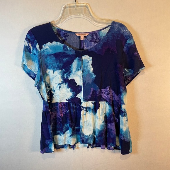 Juicy Couture Watercolor Floral Peplum Top Short Sleeve Blue Purple - Size L - Picture 2 of 7